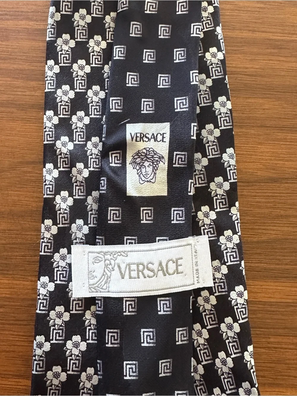 Versace Black & White Greek Key and Floral Silk Tie
